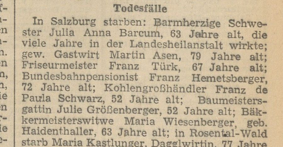 Salzburger Nachrichten, 24 de outubro de 1945, óbitos