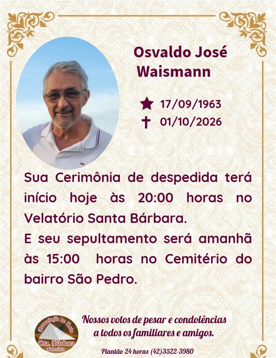 Nota de falecimento de Osvaldo José Waismann